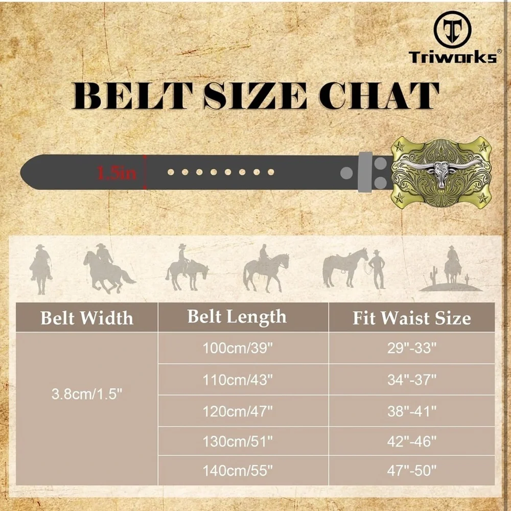 Western Tooled Leather Belt with Longhorn Buckle - Tan & Brass